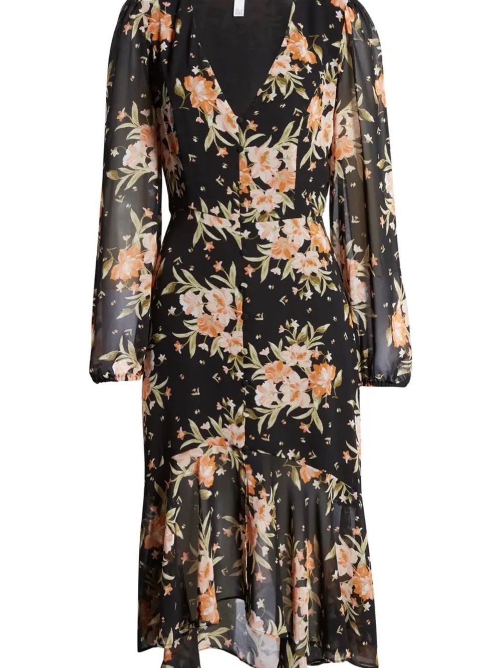 Leith Floral on Black Romantic Button Front Chiffon Long Sleeve Flowy Midi Dress